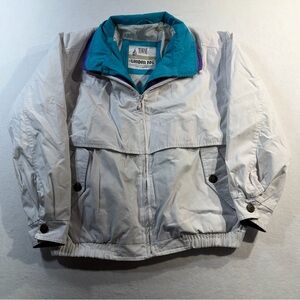 London Fog White Jacket with Teal and Purple Accents